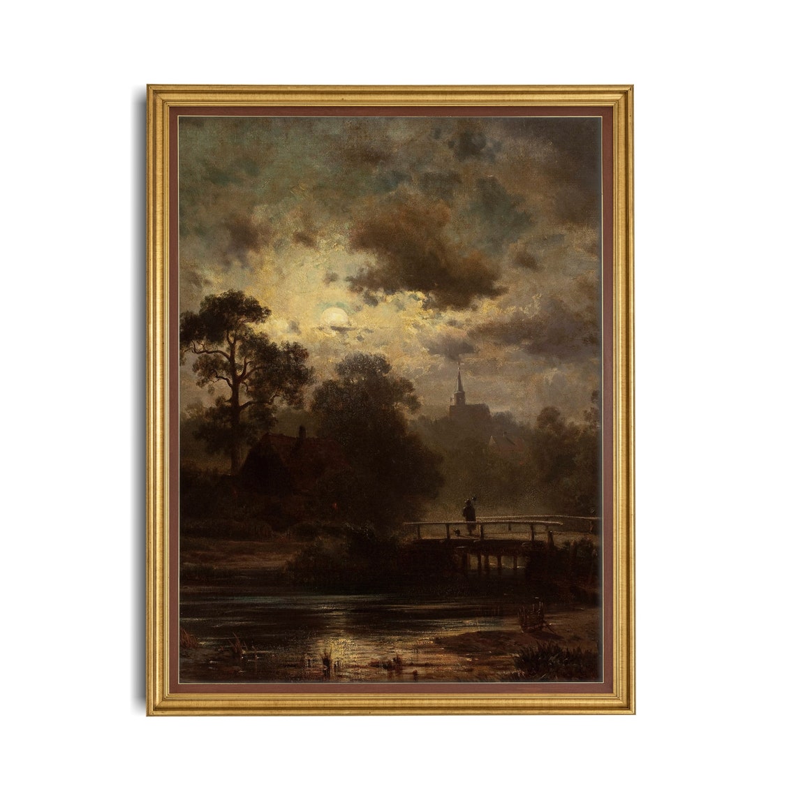 Moonlit River Bridge and Distant Church Antique Nocturne Poster - Image 3