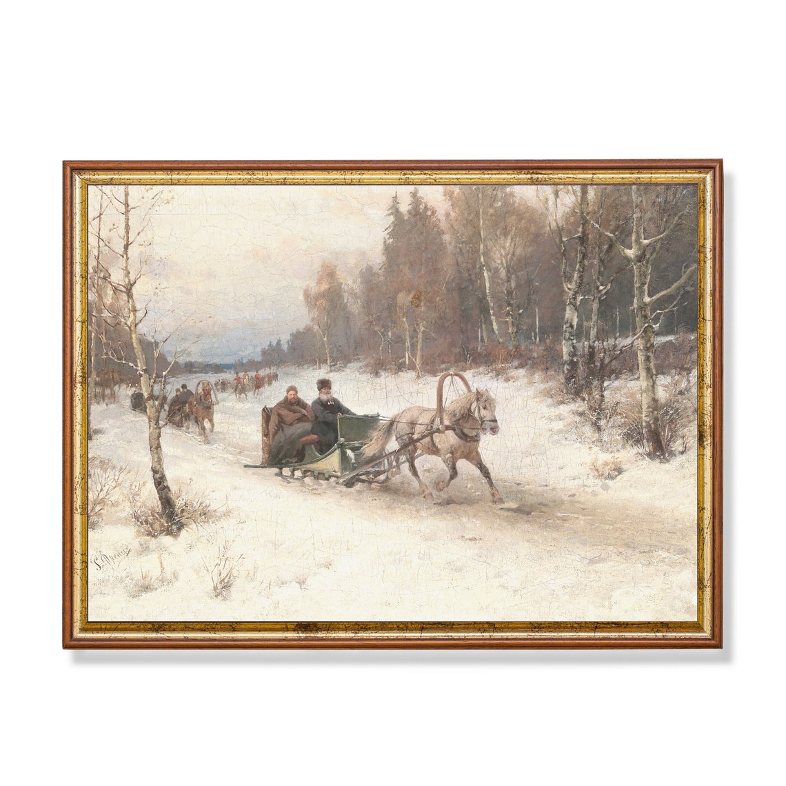 Russian Troika Sleigh Ride Through Snowy Birch Forest Poster