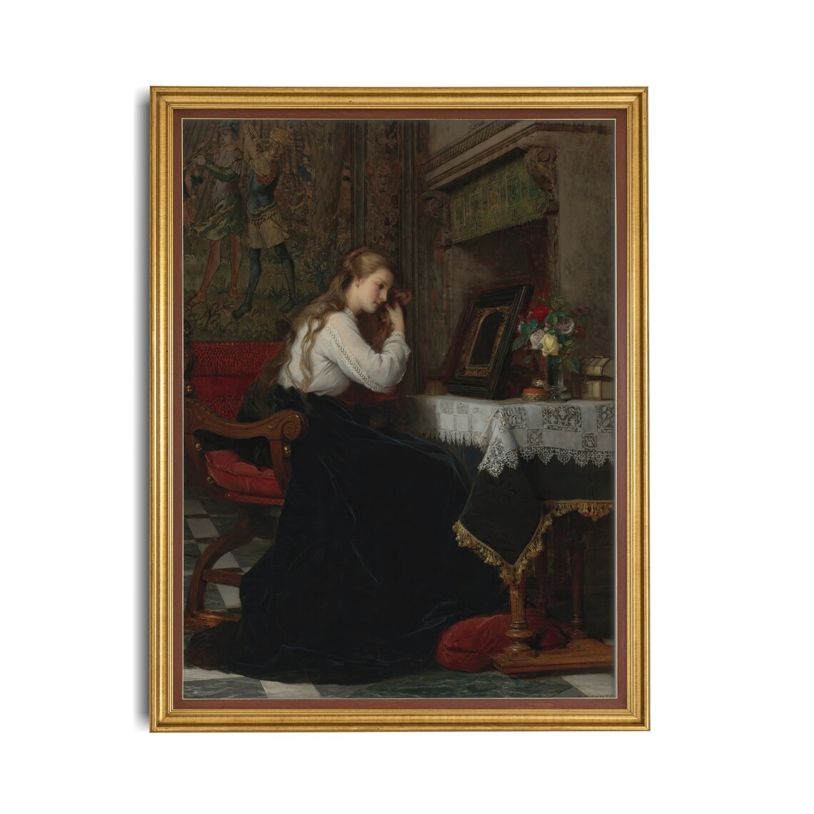 Lady at Her Vanity Table Before a Mirror Victorian Interior Painting Poster - Image 4