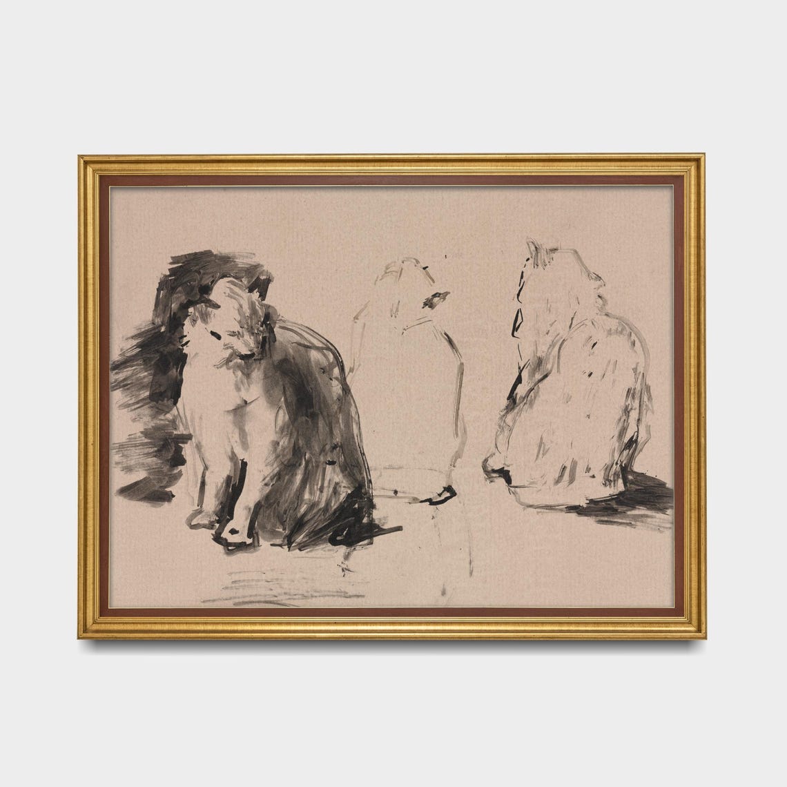 Ink Wash Sketch Study of Two Seated Cats Feline Drawing Poster - Image 5