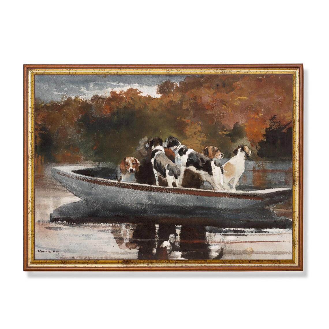 Vintage Dogs in Boat and Ship, Antique Art Print