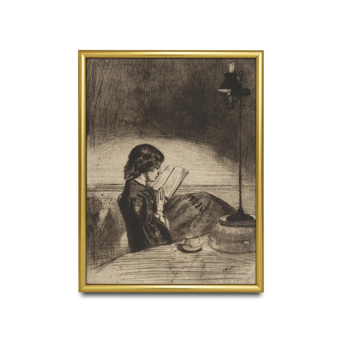 Woman Reading by Lamplight at Night Antique Style Etching Poster - Image 2