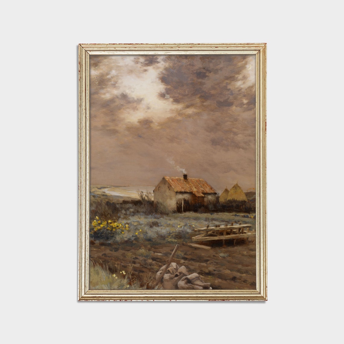 Farmhouse Under Stormy Sky Moody Rustic Countryside Painting Poster - Image 2