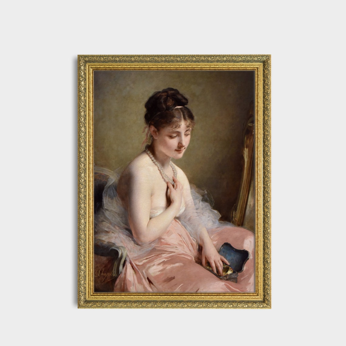 Lady in Pink Satin Gown with Pearls Classical Vanity Portrait Poster - Image 3
