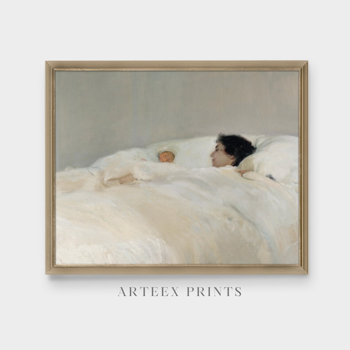 Mother and Newborn Baby Resting Together in White Bedding Poster - Image 5