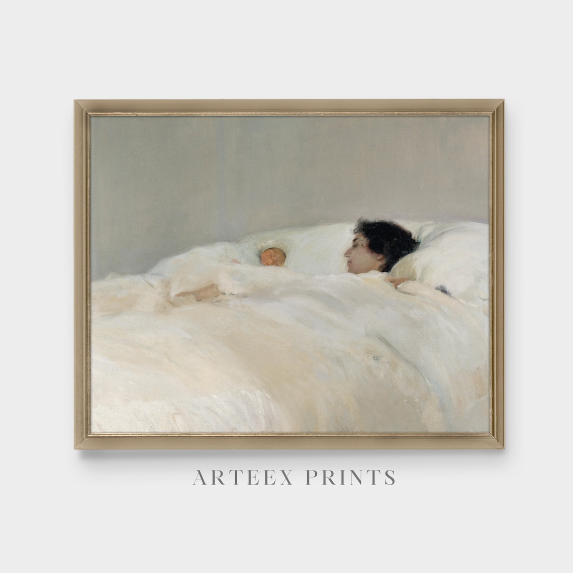Tender Mother and Baby Resting in White Bed Vintage Nursery Art Poster - Image 5