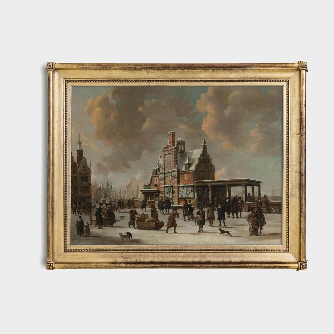 Antique Dutch Winter Square Market Scene Painting Fine Art Poster - Image 4