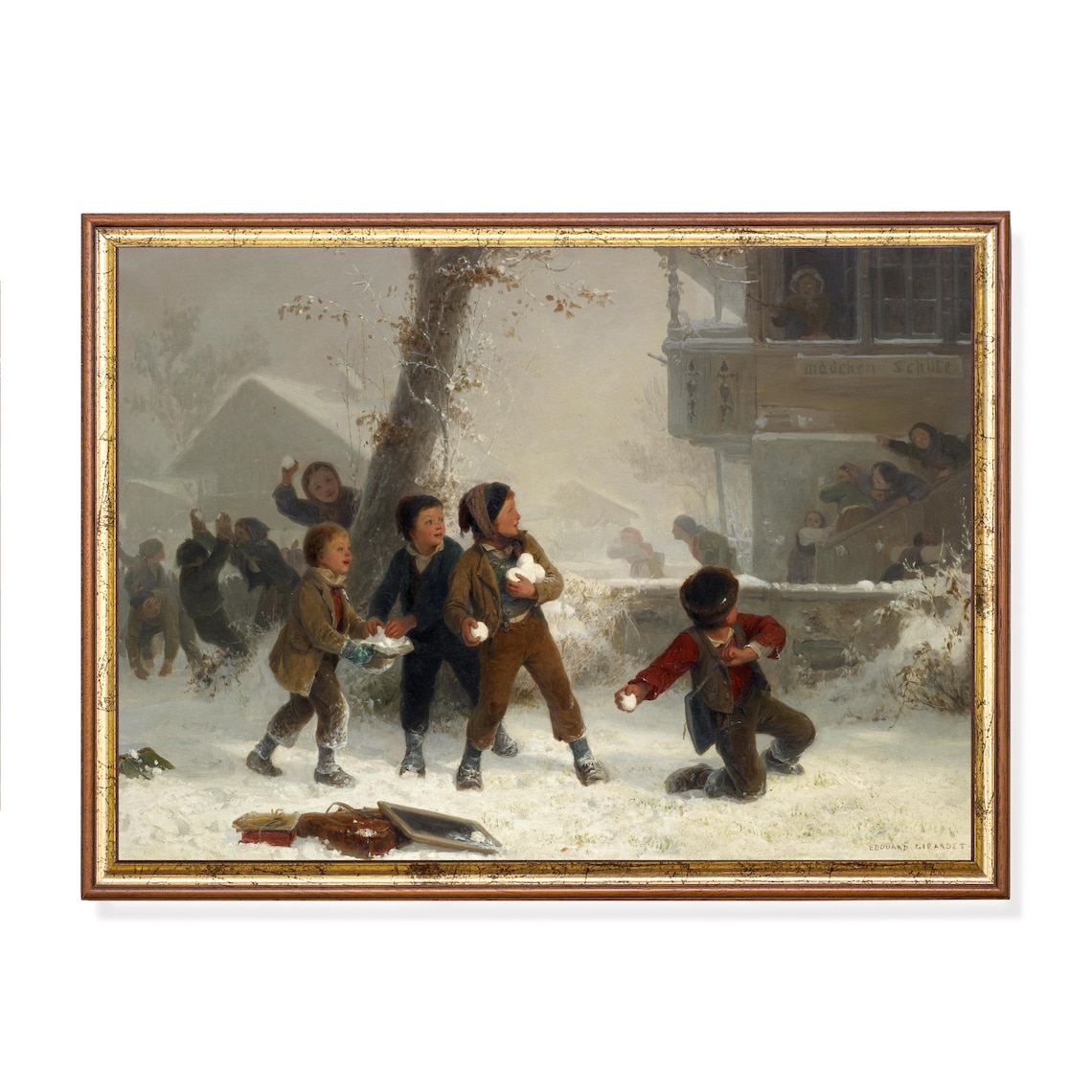 Schoolboys Snowball Fight by a Girls School Edouard Girardet Poster