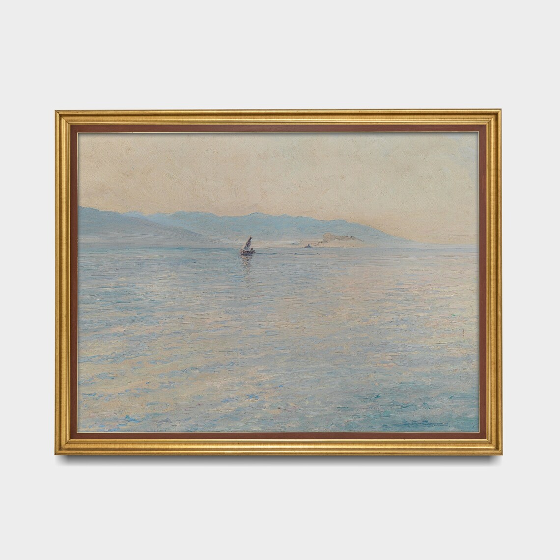 Lone Sailboat On Calm Misty Sea With Distant Hills Minimal Poster - Image 5