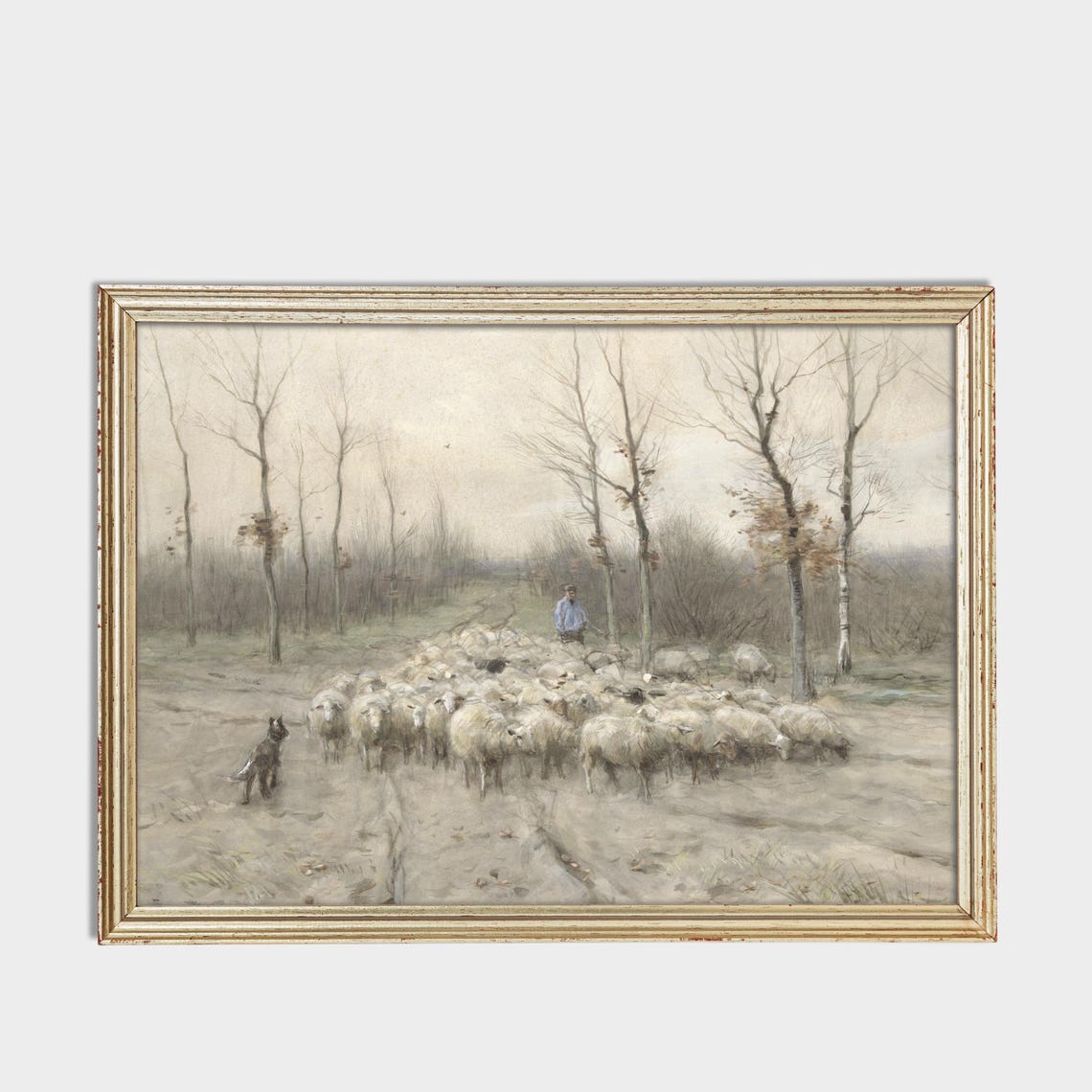 Shepherd Leading Sheep Flock Sandy Path Bare Trees Vintage Art Poster - Image 3