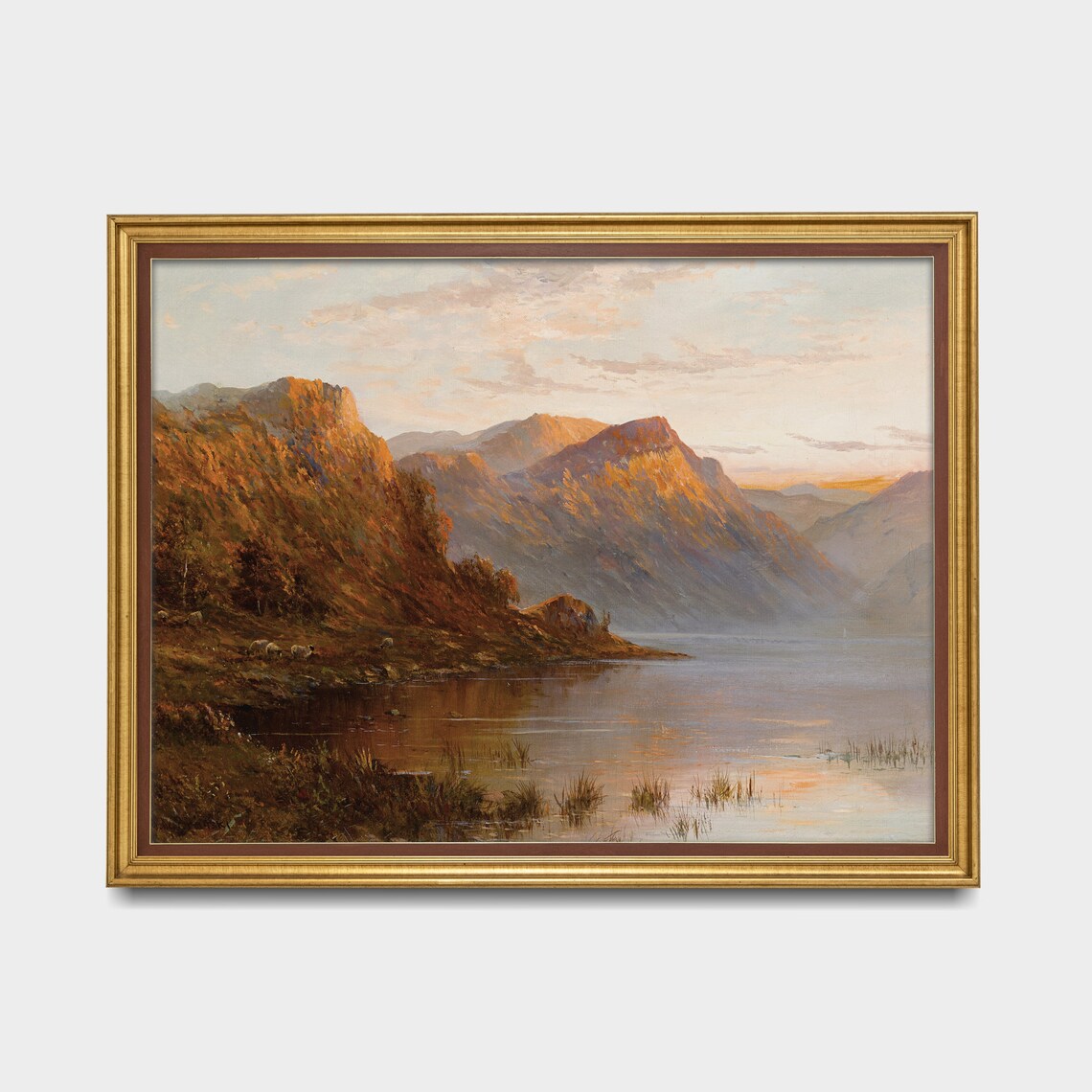 Mountain Lake at Sunset With Grazing Sheep Vintage Scenic Poster - Image 4