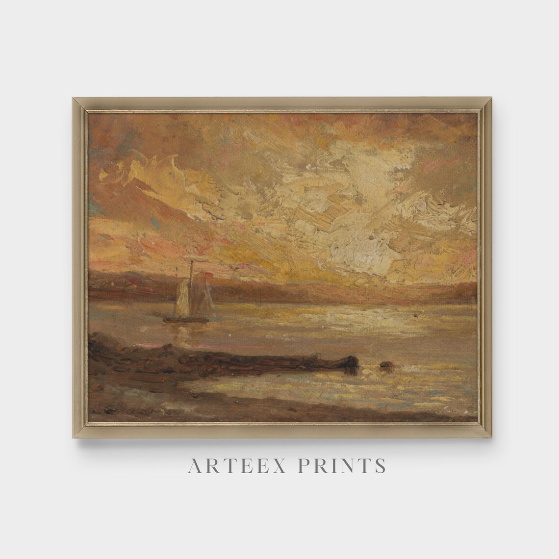 Golden Sunset Seascape with Lone Sailboat on Calm Water Vintage Poster - Image 5