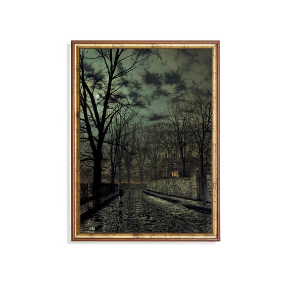 Printed And Shipped Vintage Moonlight Painting Antique Landscape Print Moody Rustic Artwork Dark Academia Print Mailed Art