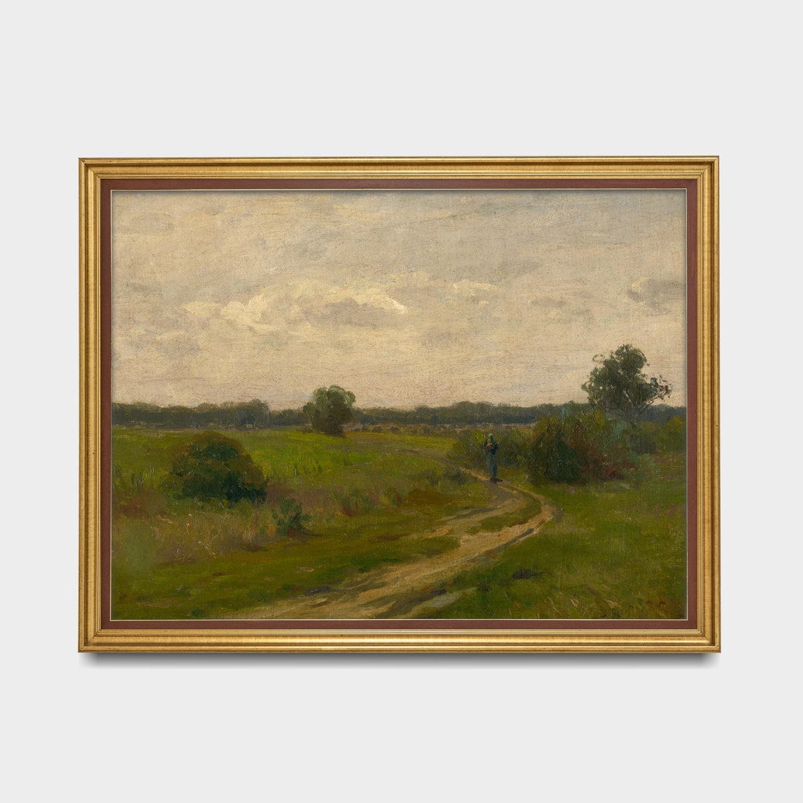 Vintage Green Country Path Figure Meadow Cloudy Sky Painting Poster - Image 3