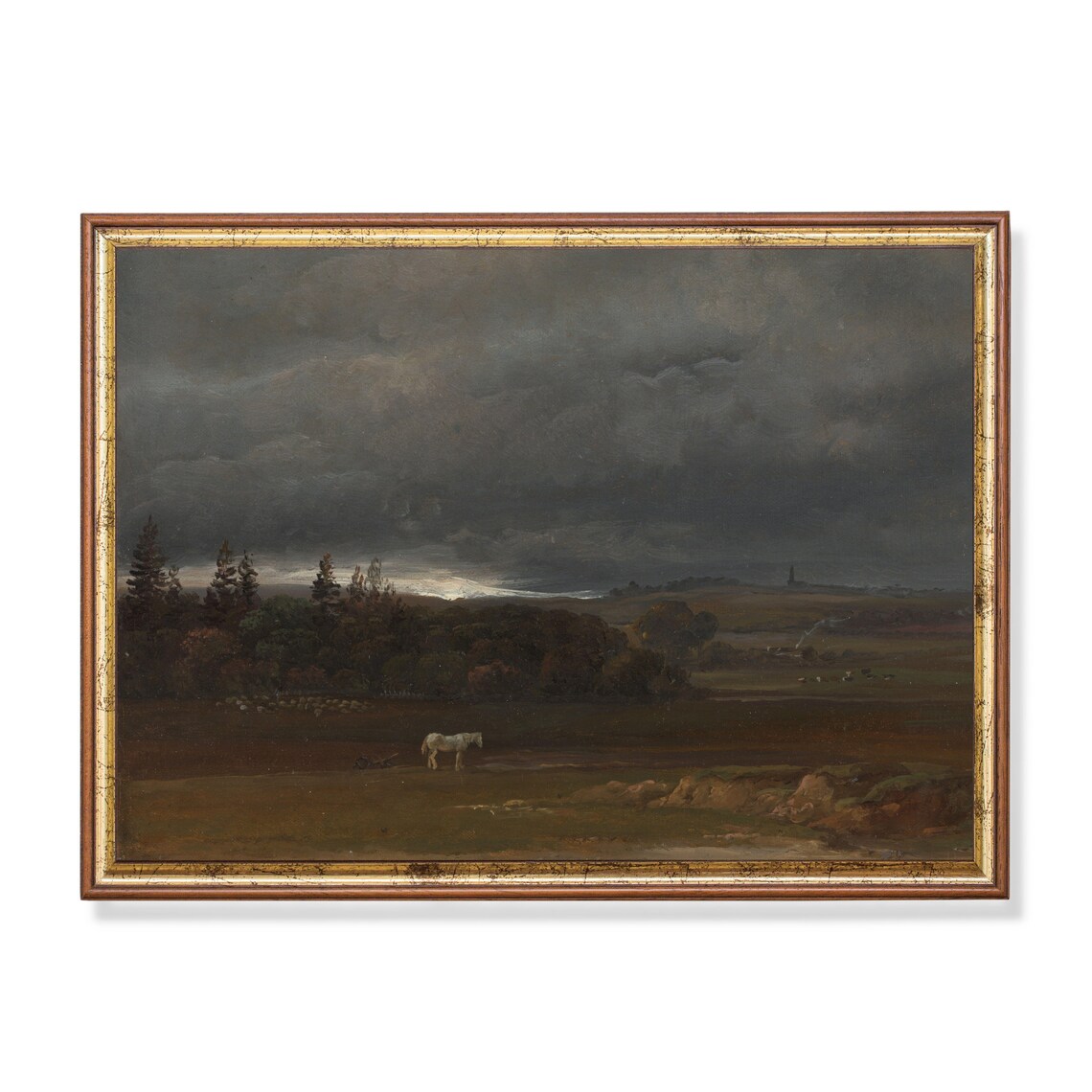 Vintage Landscape Painting, White Horse Farmhouse Art Print