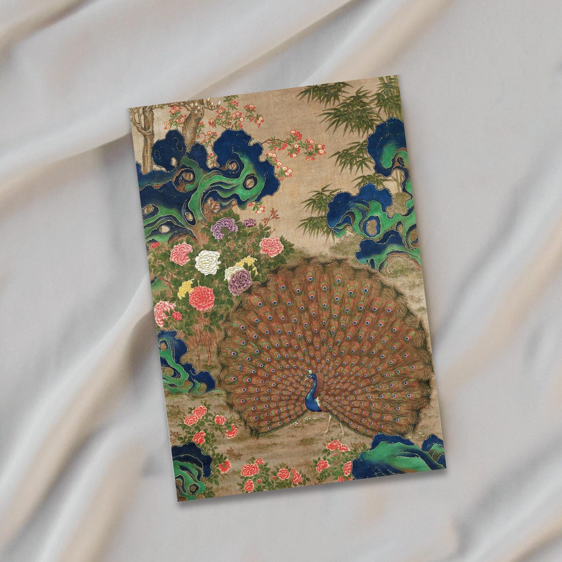 Peacock with Fanned Tail Traditional Chinese Flower Art Poster - Image 2
