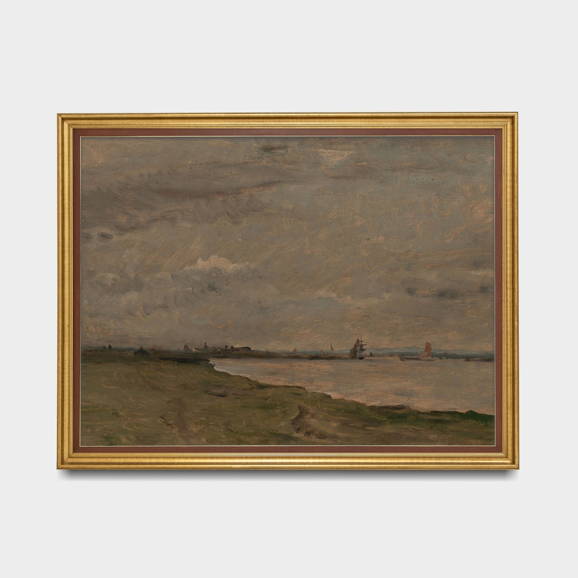 Tonal River Estuary Distant Ships Vintage Landscape Painting Poster - Image 3