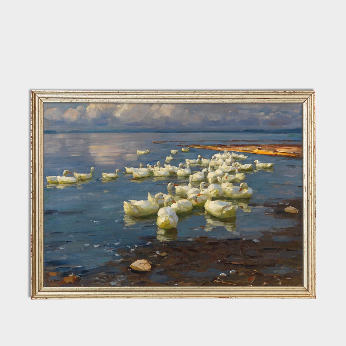 Flock of White Ducks on a Calm Lake at Dusk Vintage Art Poster - Image 3