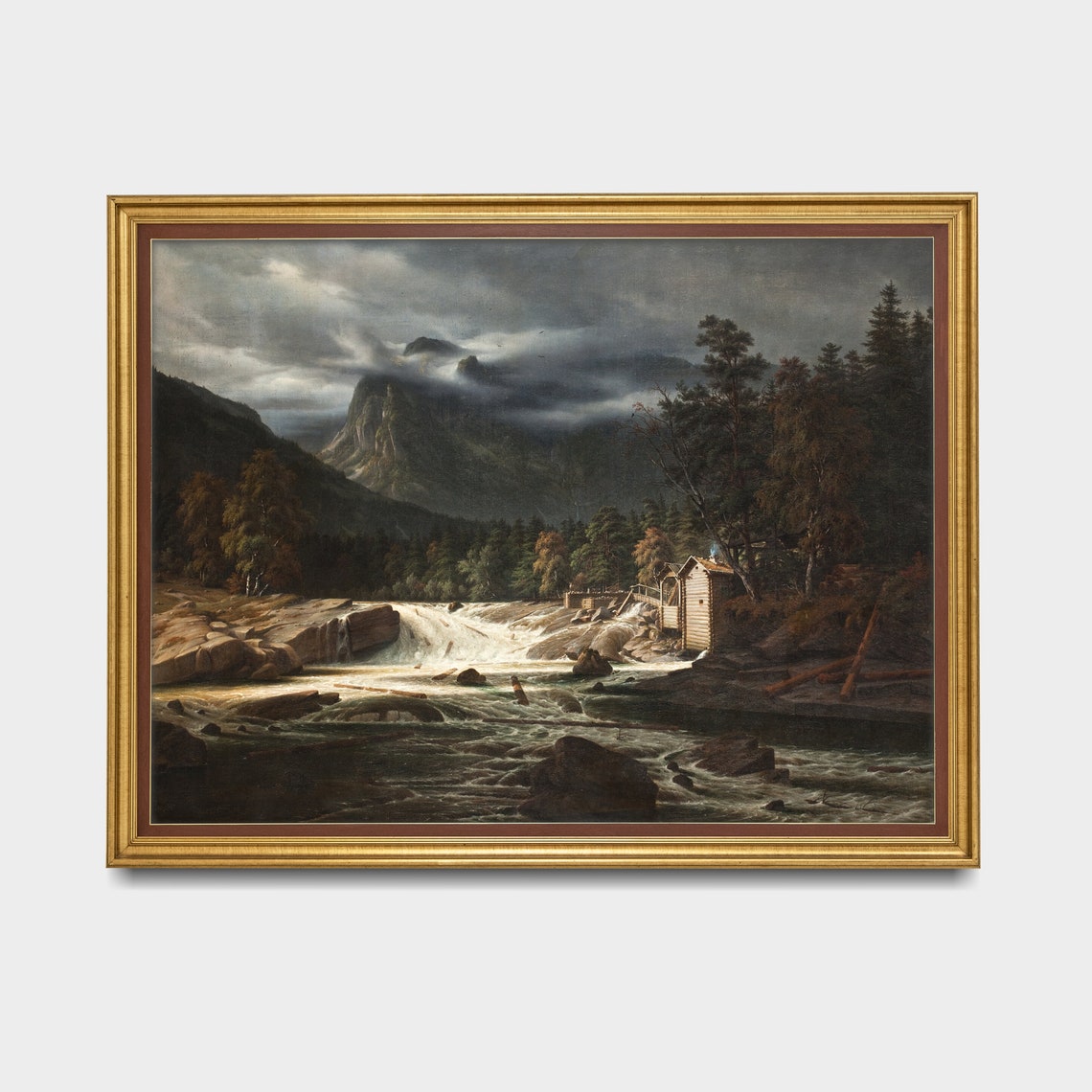 Mountain Waterfall with a Log Cabin Under Dark Storm Clouds Poster - Image 3