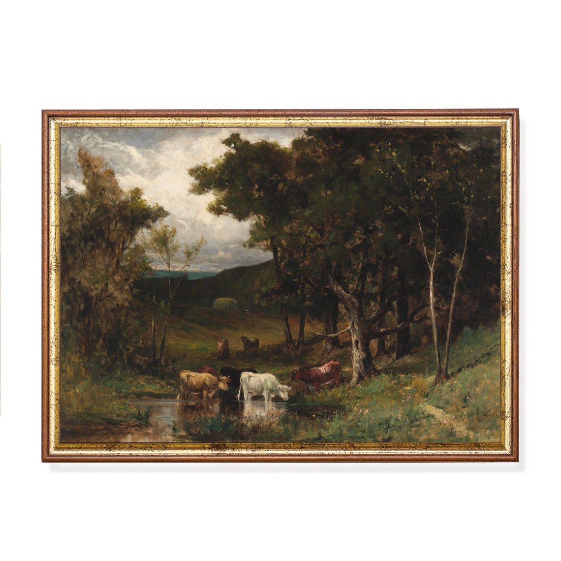 Mailed Print Landscape Painting Vintage Cows Print Antique Meadow Landscape Cattle Artwork Moody Rustic Art Printed And Shipped