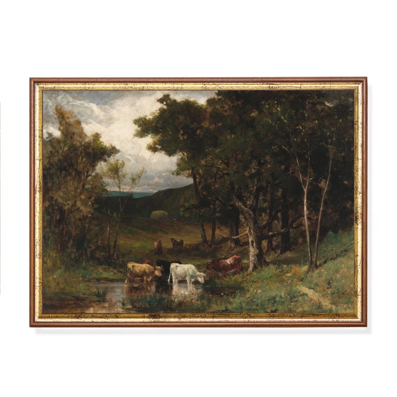 Mailed Print Landscape Painting Vintage Cows Print Antique Meadow Landscape Cattle Artwork Moody Rustic Art Printed And Shipped