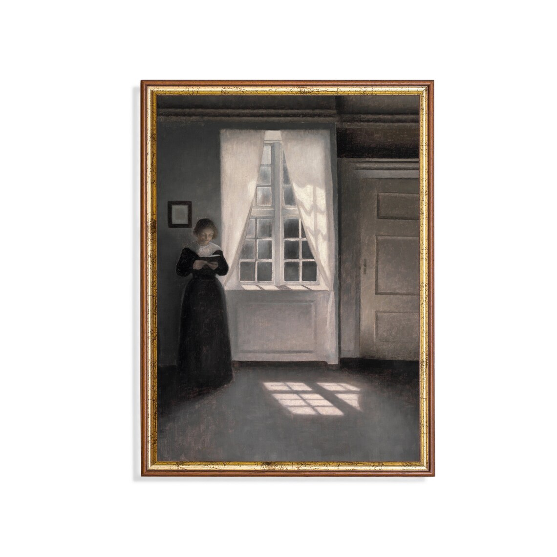 Woman Reading by a Tall Sunlit Window in a Moody Interior Poster