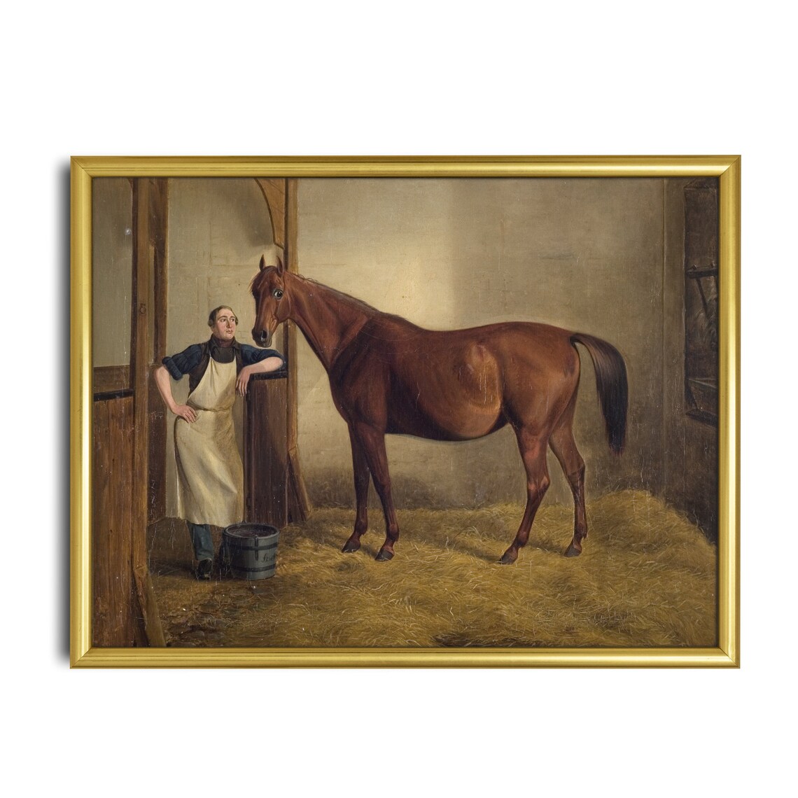 Bay Horse in Stable with Groom Vintage Equestrian Stable Scene Poster