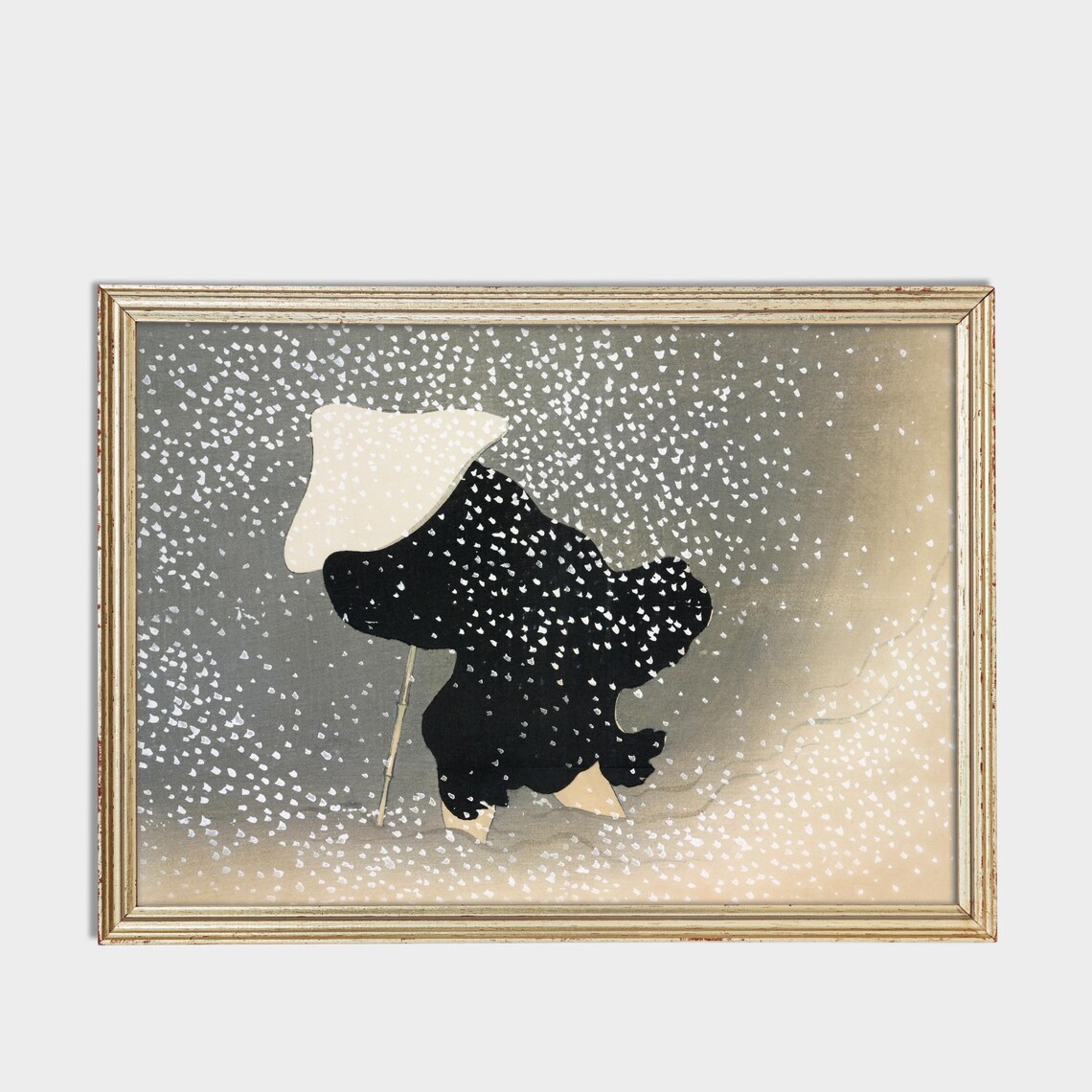 Japanese Figure Umbrella Walking Snowstorm Winter Vintage Art Poster - Image 3