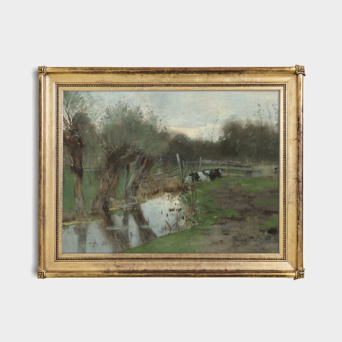 Cow By Willow Lined Stream Vintage Dutch Meadow Painting Poster - Image 3