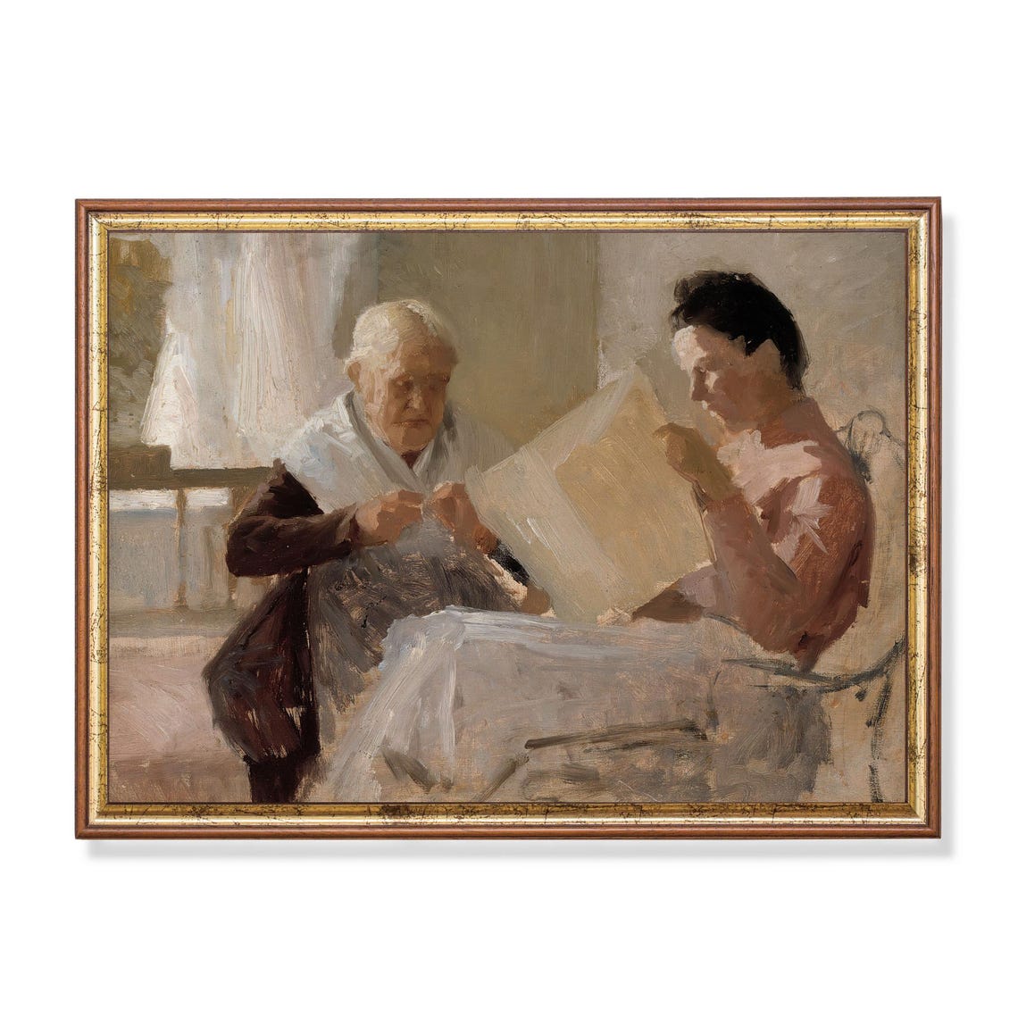 Printed And Shipped Vintage Portrait Painting Antique Woman Portrait Rustic Oil Painting 18th Century Fine Print Two Women Sitting