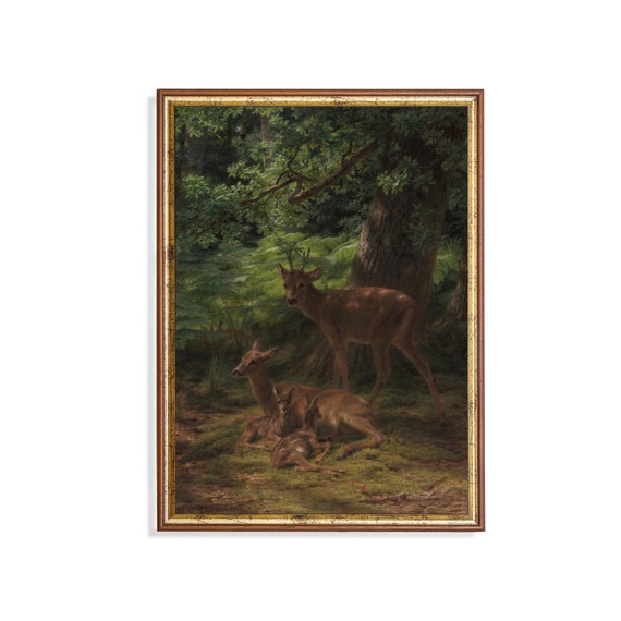 Printed And Shipped Vintage Deer Painting Antique Animal Print Moody Rustic Art Farmhouse Decor Fine Art Physical Prints