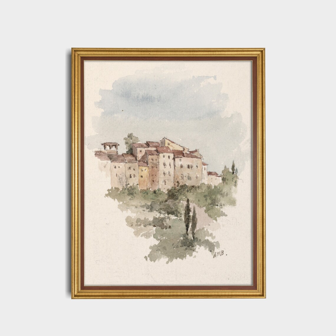 Italian Hilltop Town in Delicate Watercolor Art Painting Poster - Image 5