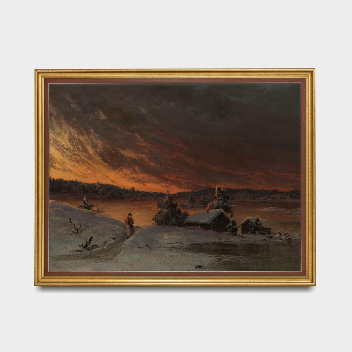 Fiery Winter Evening Sunset over a Frozen River with Cabins Poster - Image 5
