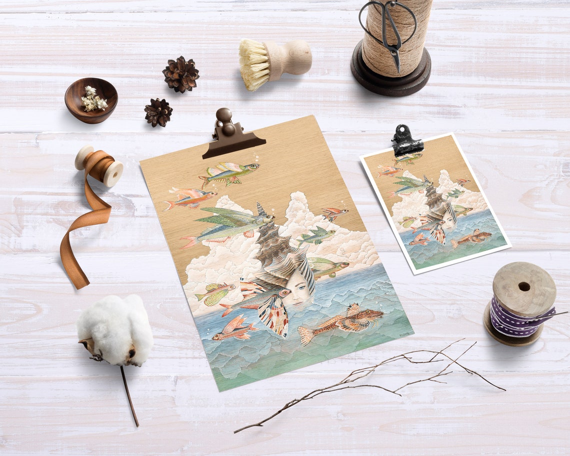 Flying Fish Beach House Vintage Boho Art Print - Image 3