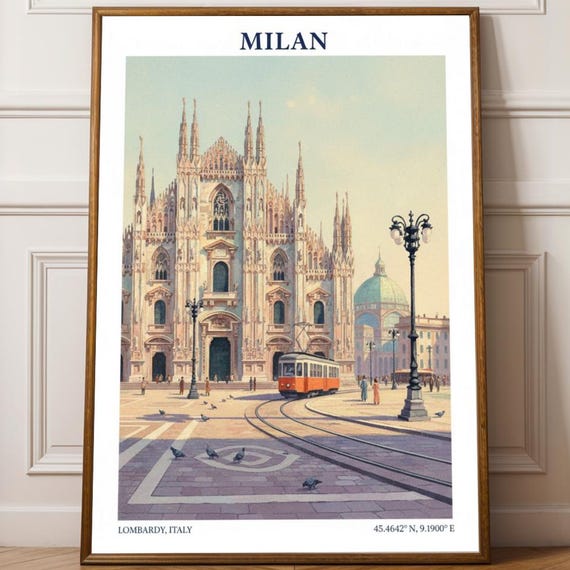 Milan Cathedral Poster Italian Architecture Art Print Beige And Orange Cityscape Travel Enthusiast Decor Illustration