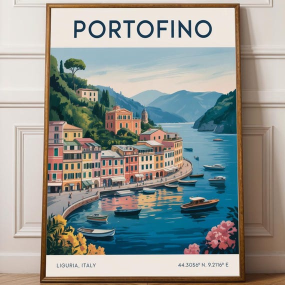 Portofino Waterfront Poster Blue And Pink Art Italian Coastal Landscape Contemporary Travel Illustration Wall Decor