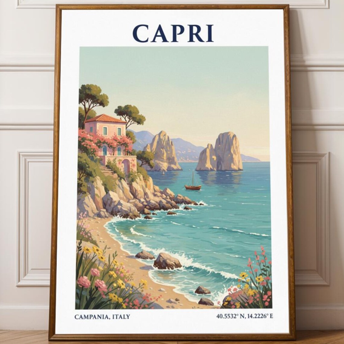 Capri Faraglioni Rocks Travel Poster, Coastal Illustration