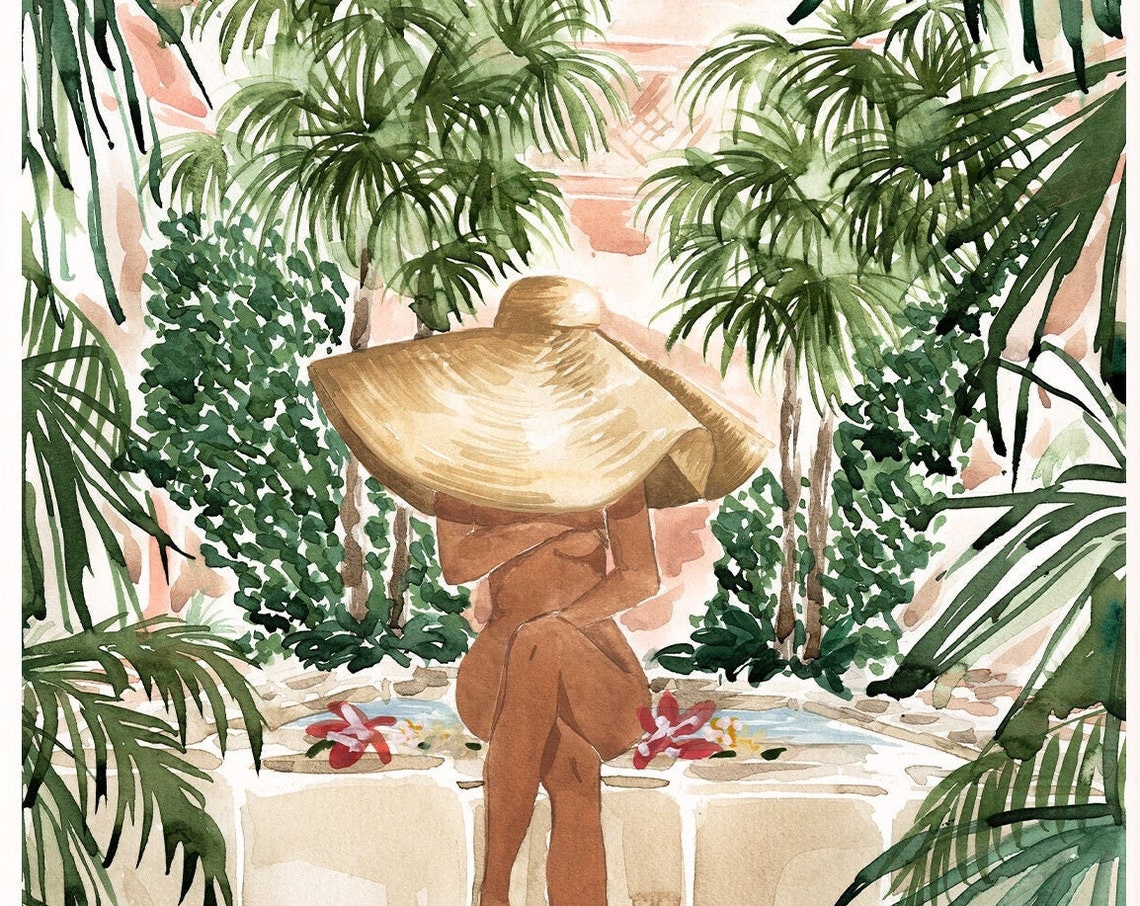 Woman With Sun Hat At Tropical Pool Palms Watercolor Vacation Print