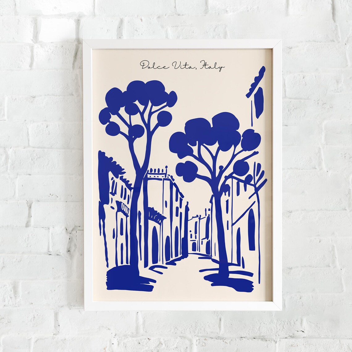 Dolce Vita Italy Blue Ink Street With Umbrella Pine Trees Poster
