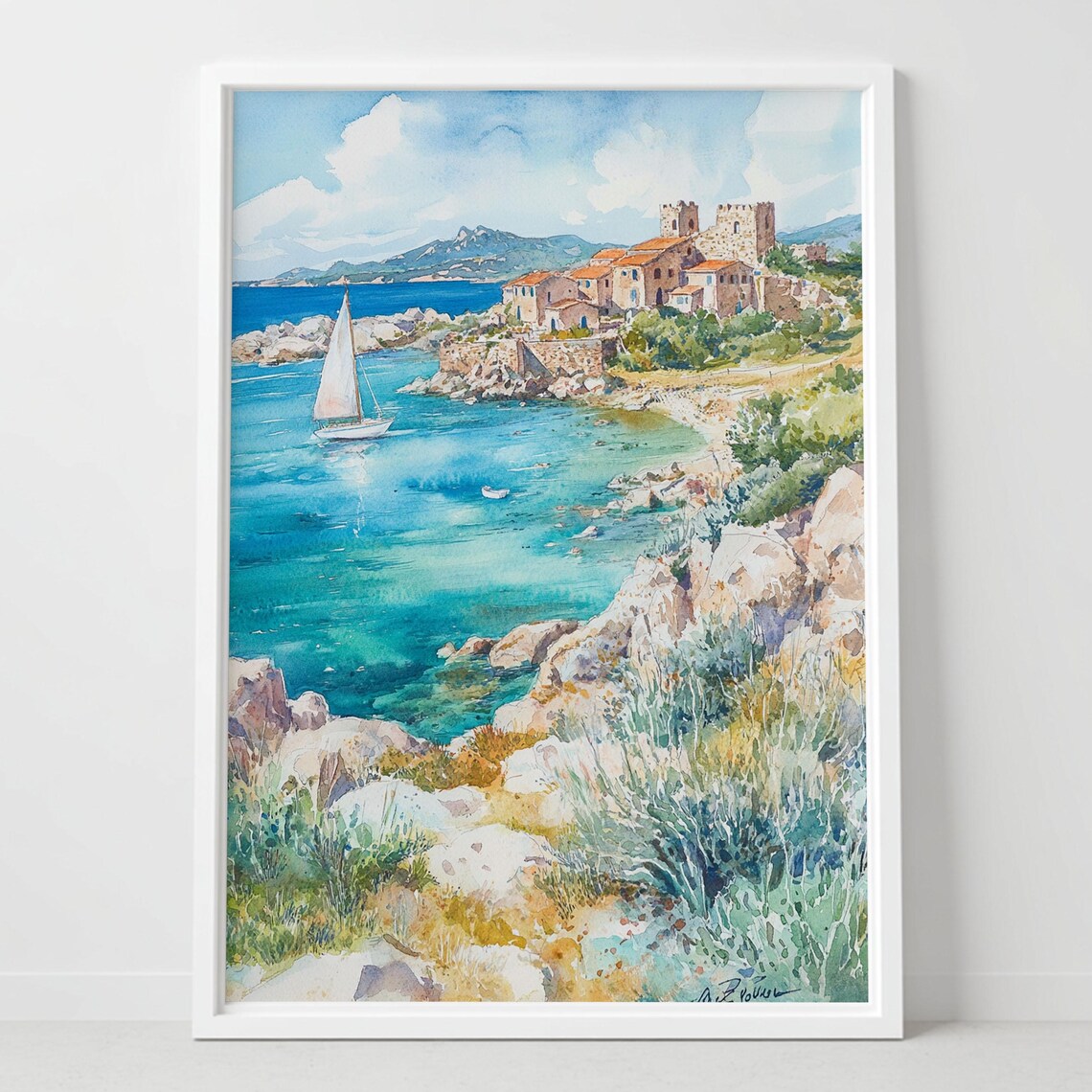 Sardinia Italy Coast Watercolor Poster Sailboat Mediterranean Sea Rocks