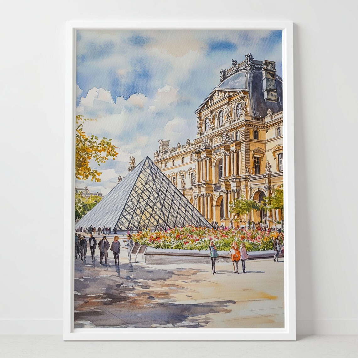 Louvre Museum Pyramid Paris Watercolor Courtyard Crowd Scene Poster