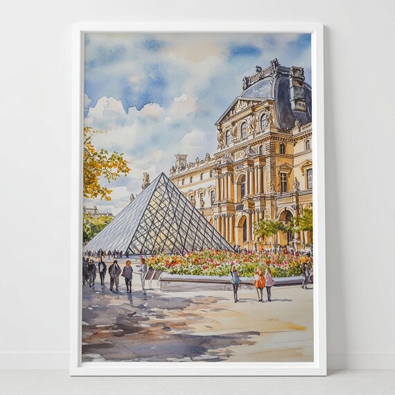 Louvre Museum Pyramid Paris Watercolor Courtyard Crowd Scene Poster