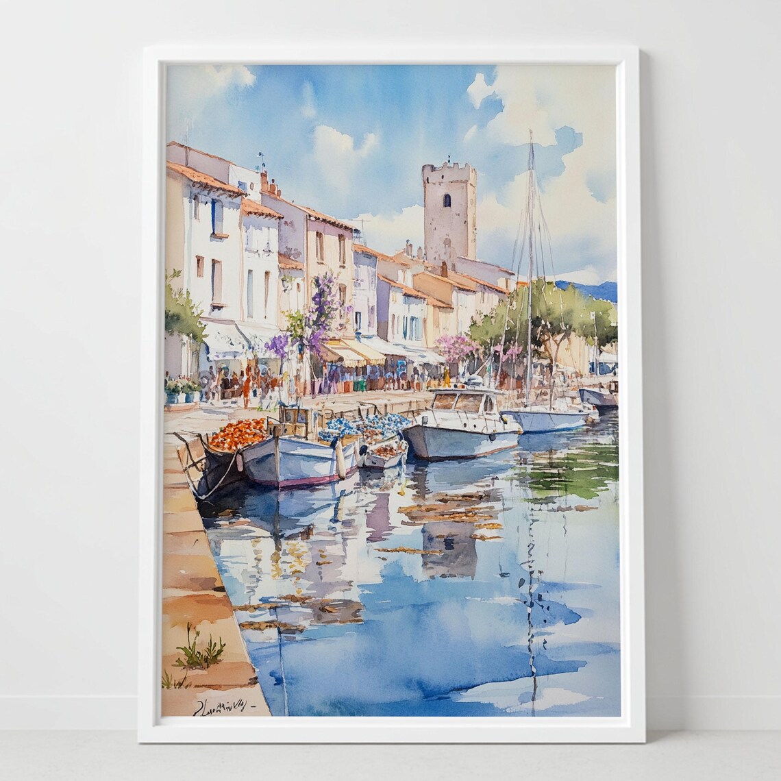 South of France Harbor Watercolor Fishing Boats Mediterranean Poster