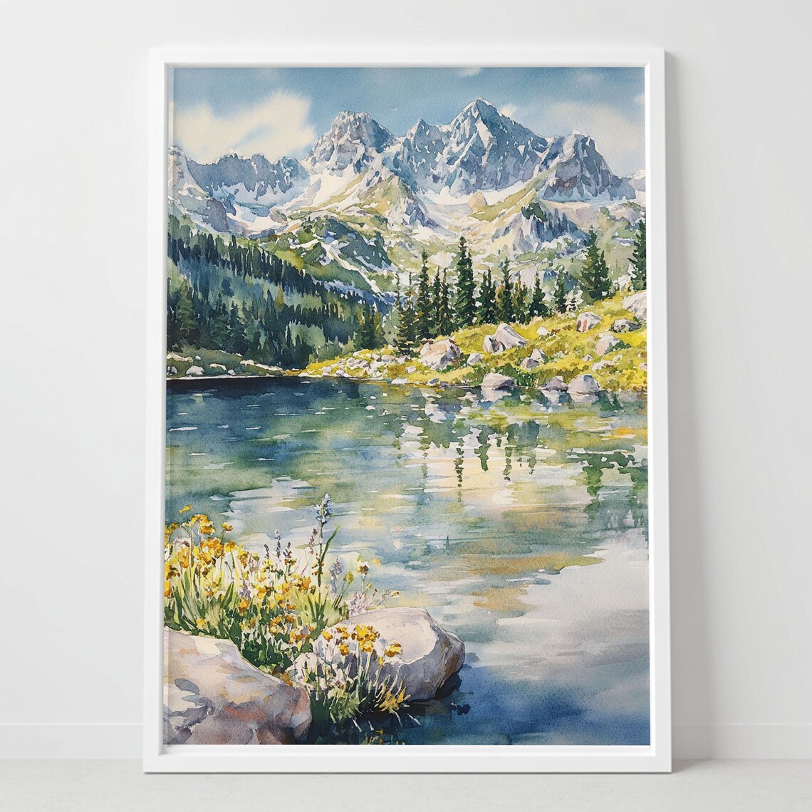 Rila Mountains Bulgaria Watercolor Poster Alpine Lake Wildflowers Pines