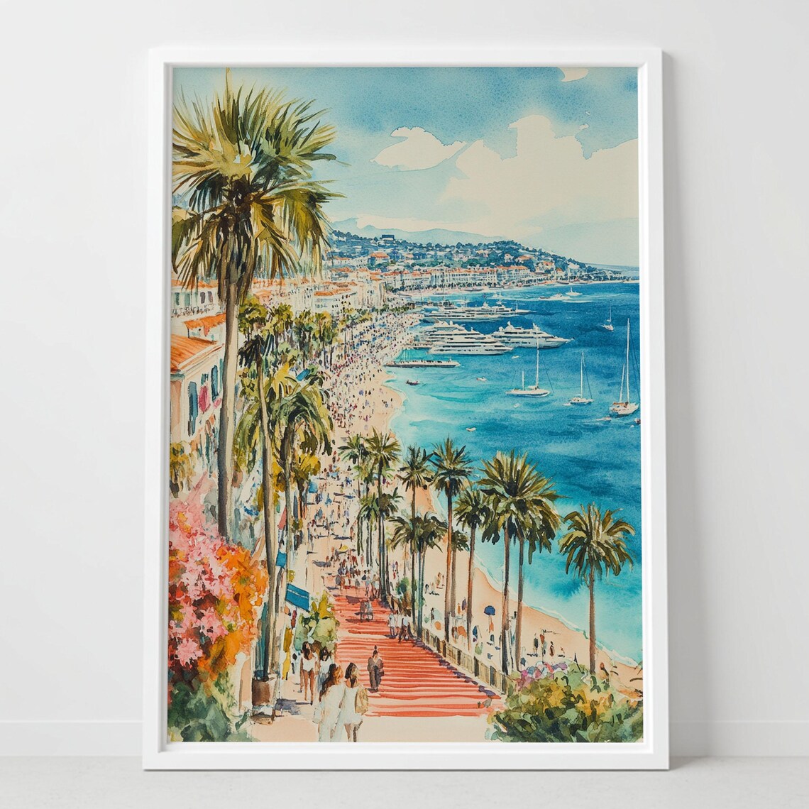 Cannes France Riviera Beach Palm Promenade Yacht Watercolor Poster