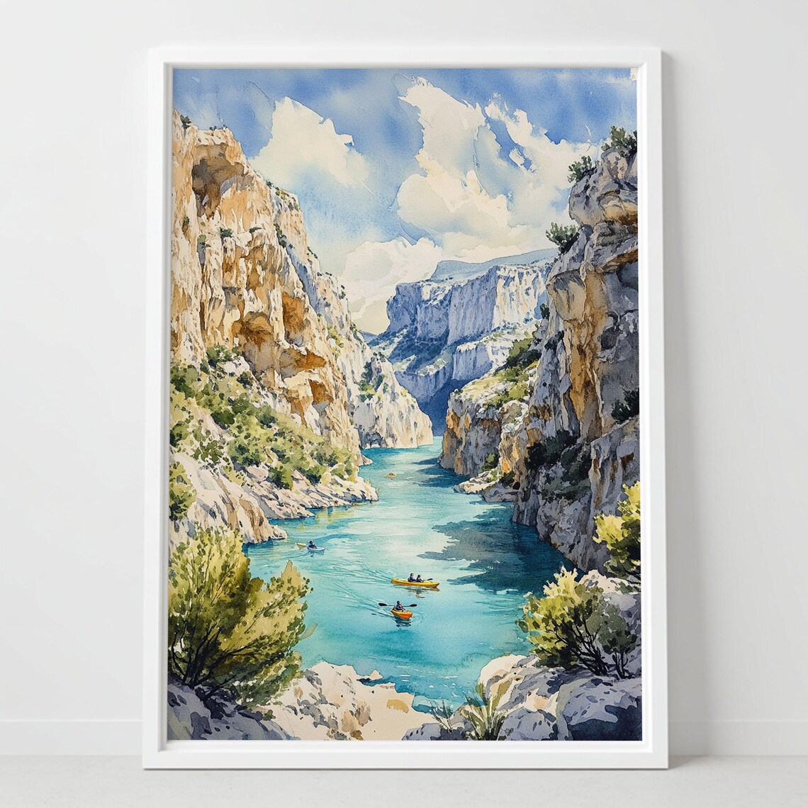 Kayakers in Turquoise Canyon River Limestone Cliffs Watercolor Poster