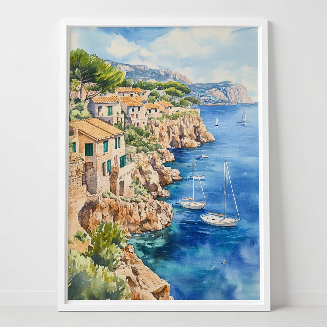 Mediterranean Cliff Village Sailboats Blue Bay Watercolor Poster