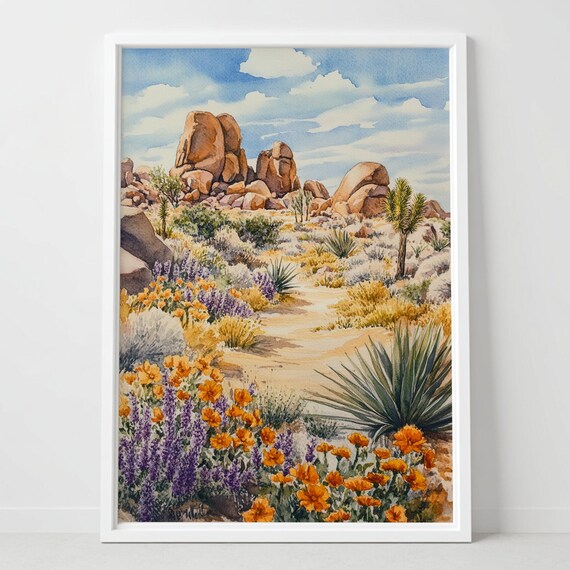 Joshua Tree Watercolor Desert Landscape Wildflower Bloom Art Poster