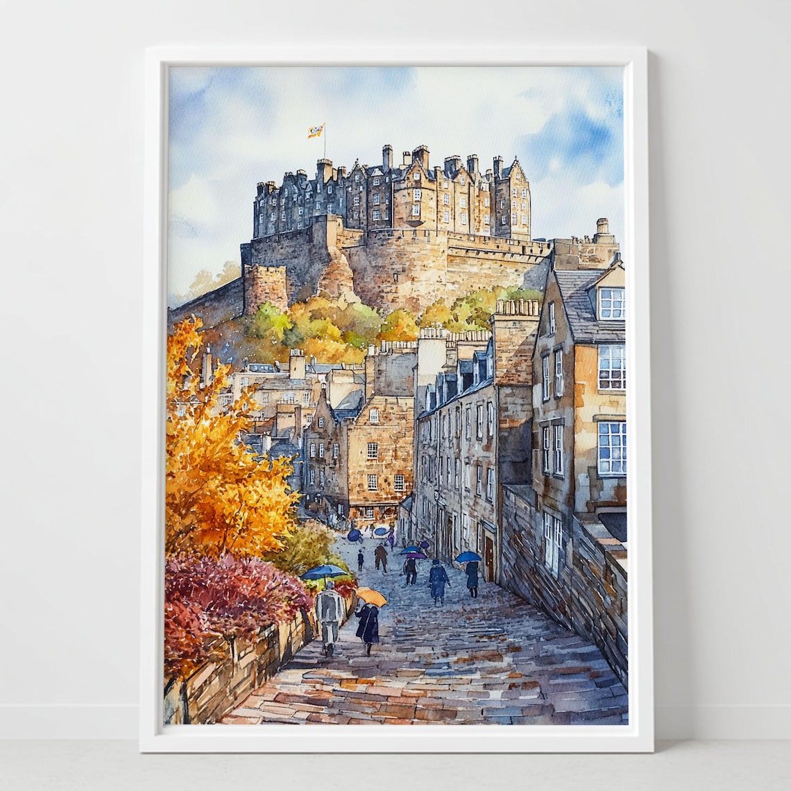 Edinburgh Castle Watercolor On Rainy Cobbled Street Scottish Poster