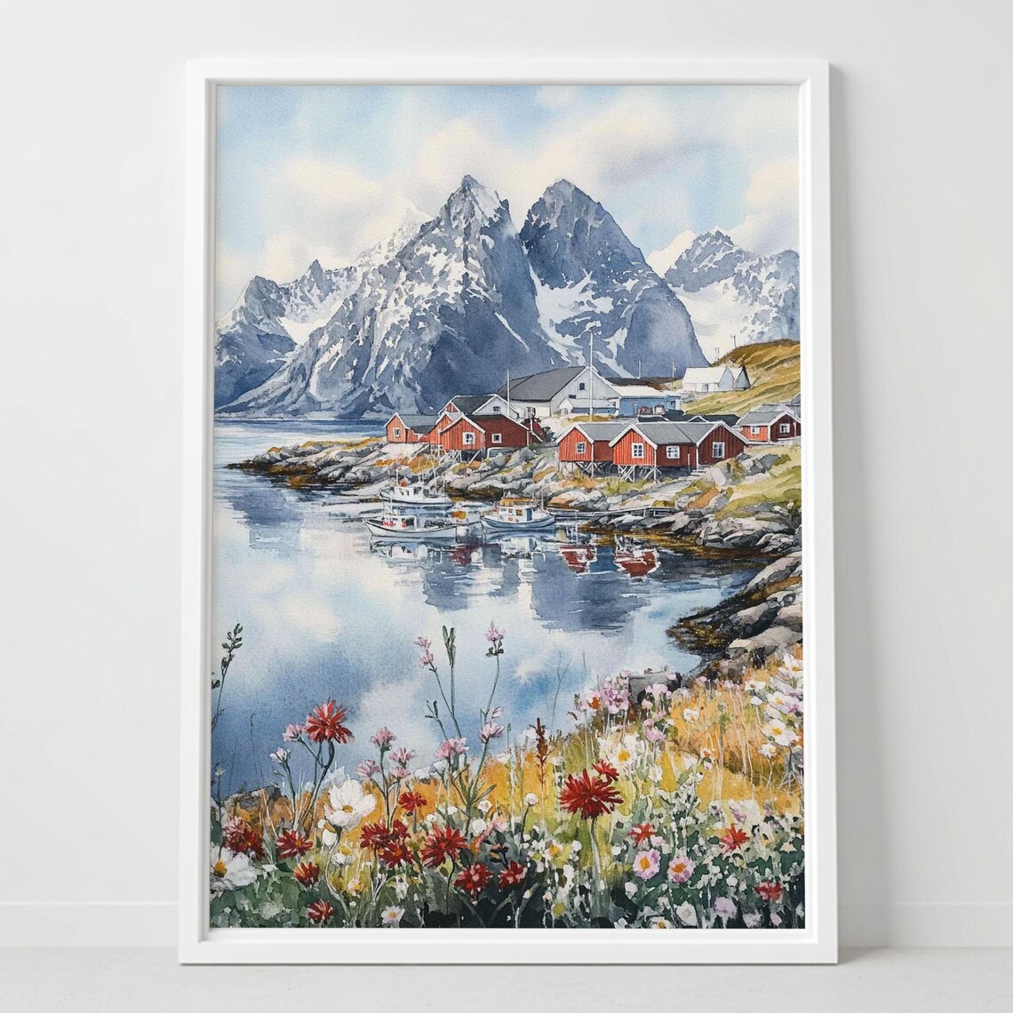 Lofoten Norway Watercolor Red Cabins Fjord Village Art Poster